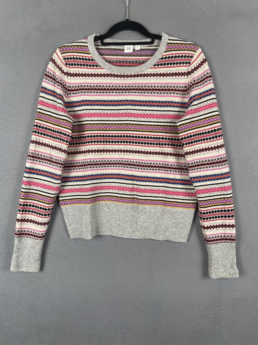 Gap Sweater Pullover Womens M Gray Merino-Nylon Fair Isle Crew Neck Lightweight